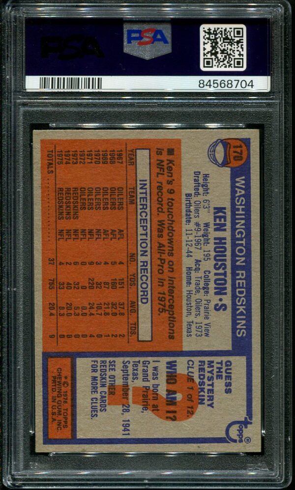 Authentic 1976 Topps #170 Ken Houston PSA 8 Football Card
