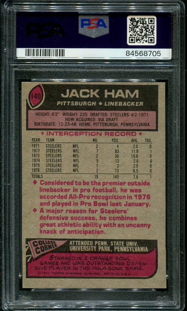 Authentic 1977 Topps #140 Jack Ham PSA 8 Football Card