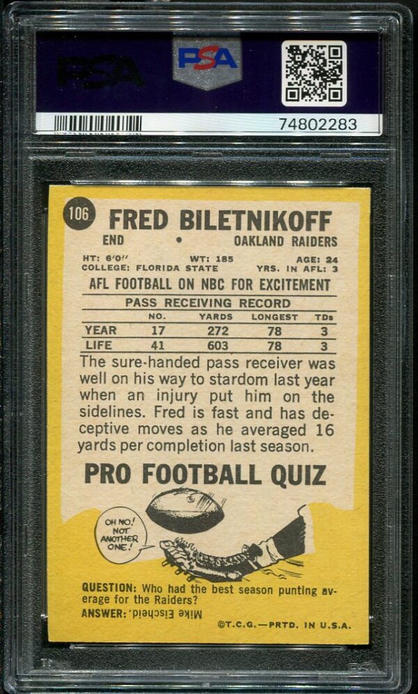 Authentic 1967 Topps Milton Bradley #106 Fred Biletnikoff PSA 7 Football Card