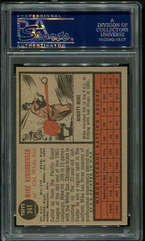Authentic 1962 Topps #341 Mike Hershberger PSA 7 Baseball Card