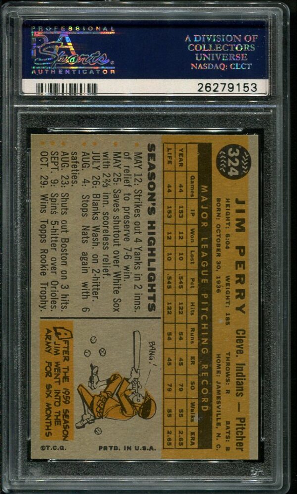 Authentic 1960 Topps #324 Jim Perry PSA 7 Baseball Card