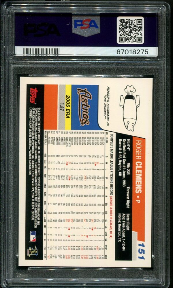 Authentic 2006 Topps #151 Roger Clemens PSA 10 Baseball Card