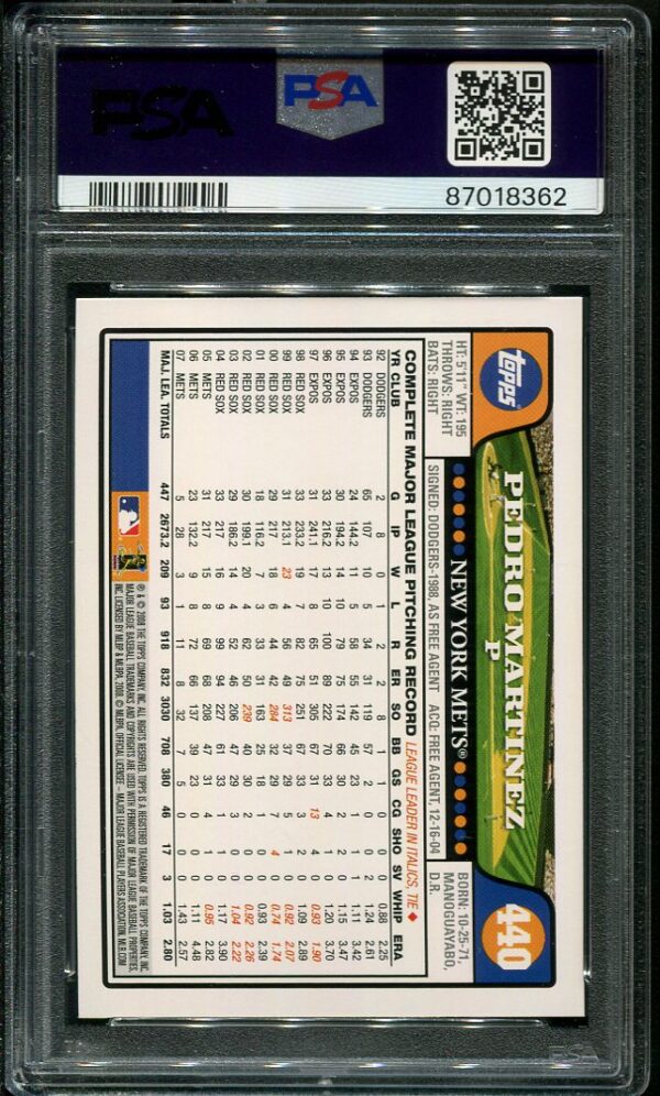 Authentic 2008 Topps #440 Pedro Martinez PSA 10 Baseball Card