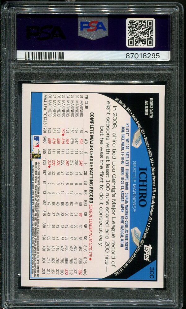 Authentic 2009 Topps #300 Ichiro Suzuki PSA 10 Baseball Card