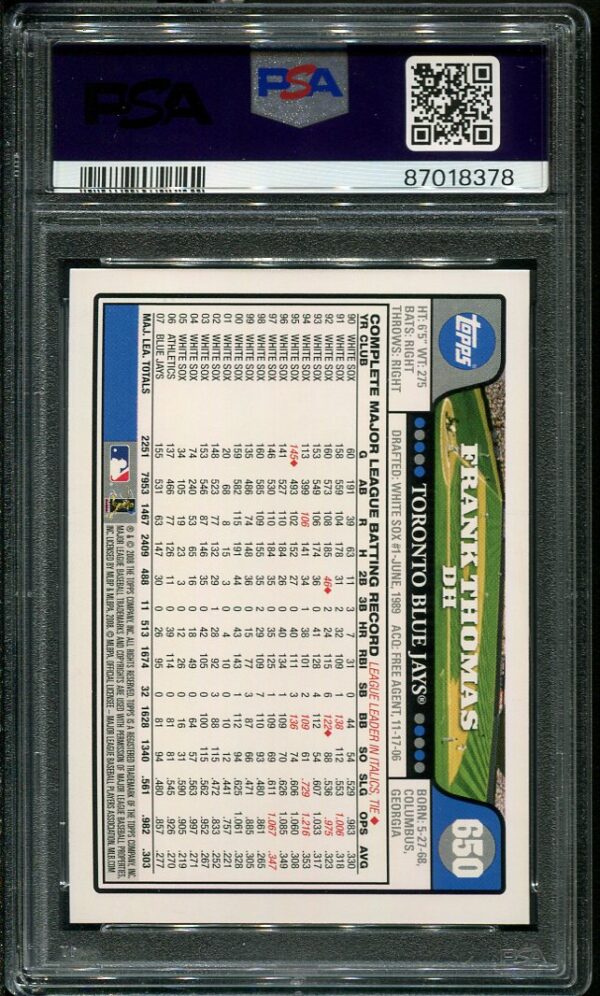 Authentic 2008 Topps #650 Frank Thomas PSA 10 Baseball Card