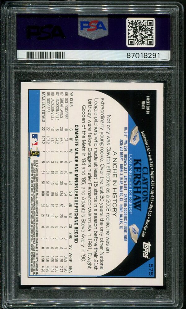 Authentic 2009 Topps #575 Clayton Kershaw PSA 10 Baseball Card