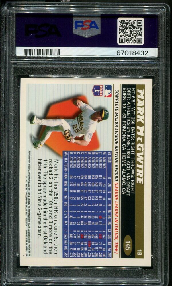 Authentic 1996 Topps #145 Mark McGwire PSA 10 Baseball Card