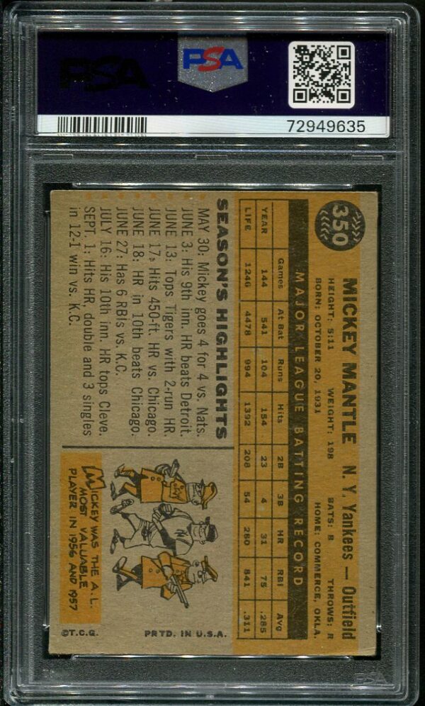Authentic 1960 Topps #350 Mickey Mantle PSA 4 Baseball Card