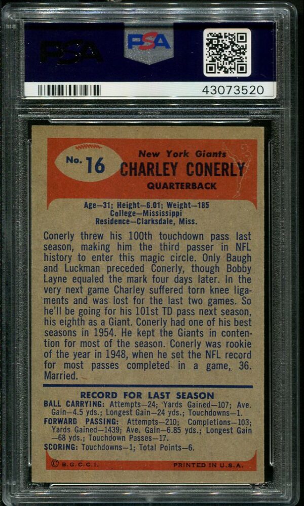 Authentic 1955 Bowman #16 Charley Conerly PSA 7 Football Card
