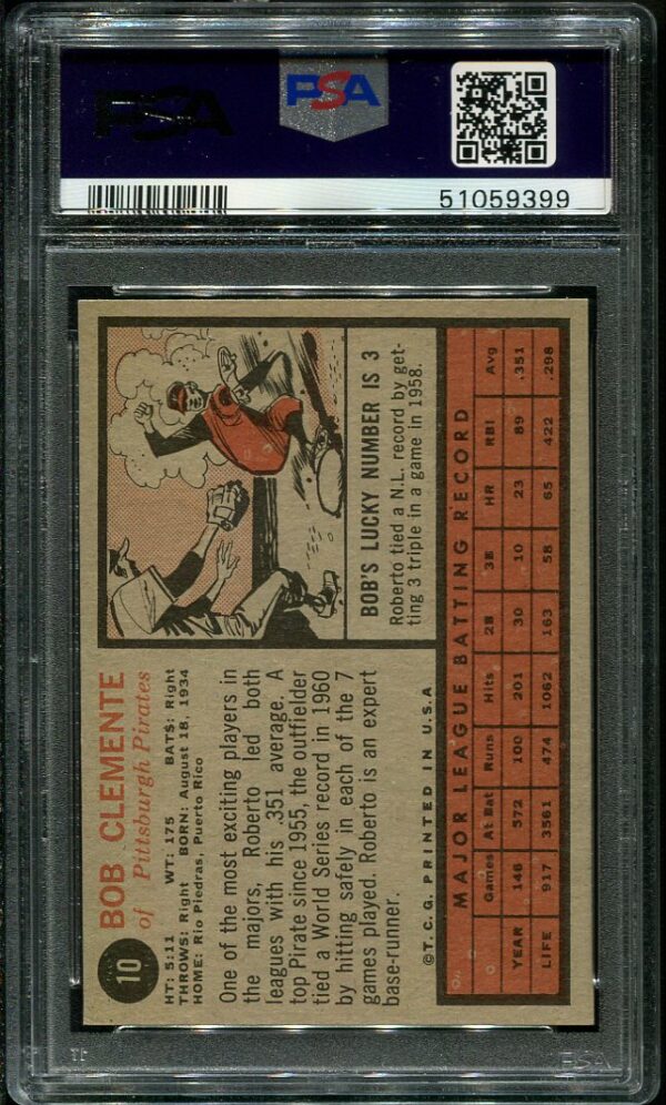 Authentic 1962 Topps #10 Roberto Clemente PSA 7 Baseball Card