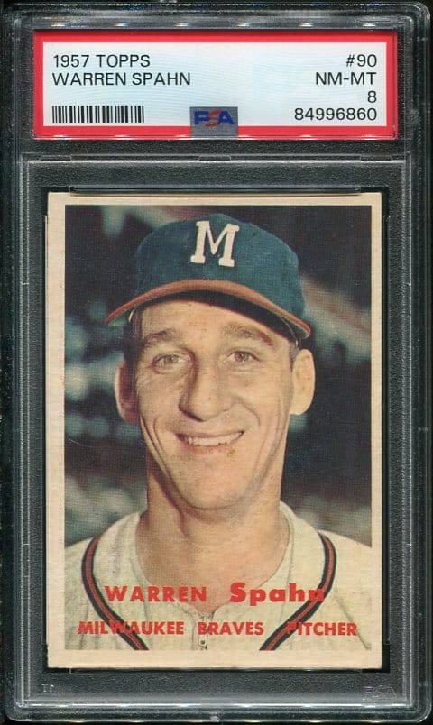 Authentic 1957 Topps #90 Warren Spahn PSA 8 Vintage Baseball Card