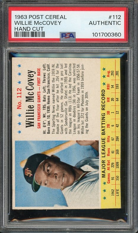 1963 Post Cereal Hand Cut #112 Willie McCovey PSA Authentic Baseball Card