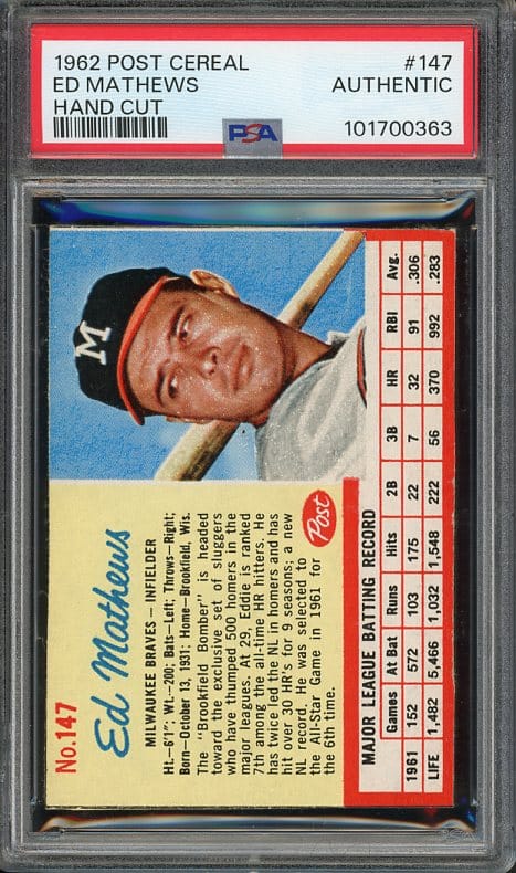 Authentic 1962 Post Cereal #147 Ed Mathews Hand Cut PSA Authentic Baseball Card