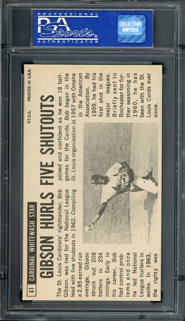Authentic 1964 Topps Giants #41 Bob Gibson PSA 8 Baseball Card