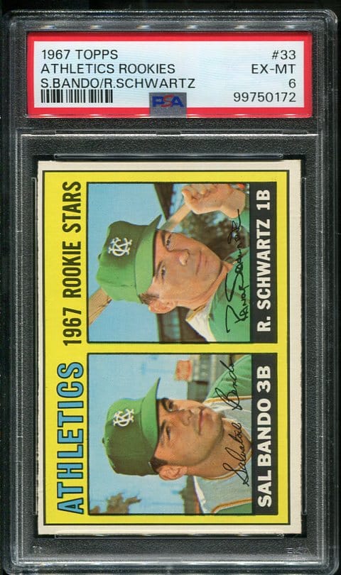 Authentic 1967 Topps ##33 Sal Bando Athletics Rookies PSA 6 Baseball Card