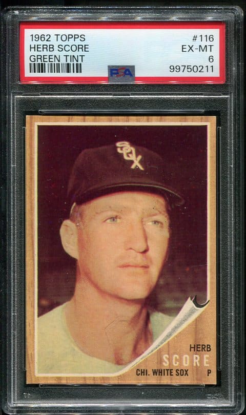 Authentic 1962 Topps #116 Herb Score Green Tint PSA 6 Baseball Card