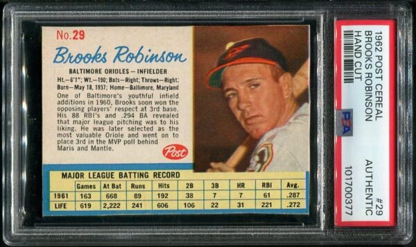Authentic 1962 Post Cereal #29 Brooks Robinson Hand Cut PSA Authentic Baseball Card