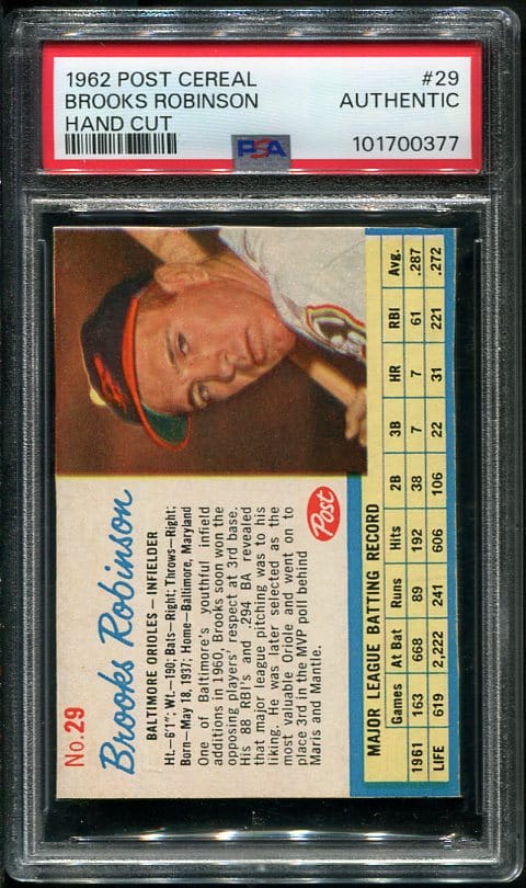 Authentic 1962 Post Cereal #29 Brooks Robinson Hand Cut PSA Authentic Baseball Card