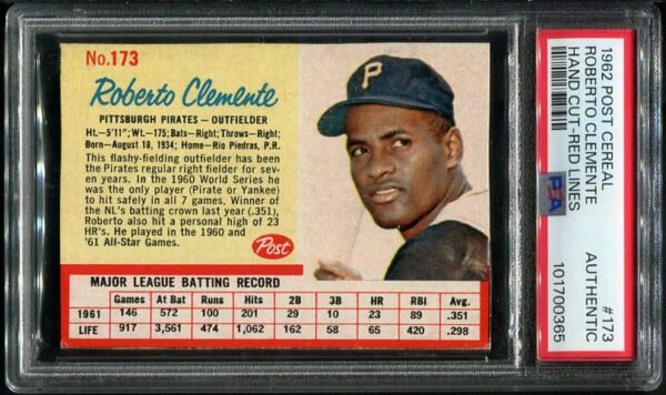 Authentic 1962 Post Cereal #2173 Roberto Clemente Hand Cut PSA Authentic Baseball Card