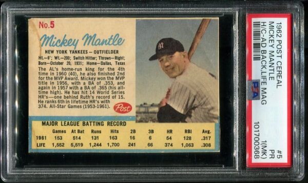Authentic 1962 Post Cereal #5 Mickey Mantle Hand Cut PSA 1(MK) Baseball Card