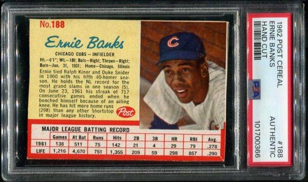 Authentic 1962 Post Cereal #188 Ernie Banks Hand Cut PSA Authentic Baseball Card