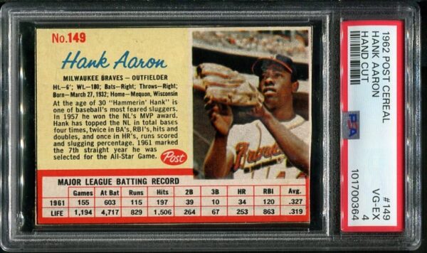 Authentic 1962 Post Cereal #149 Hank Aaron Hand Cut PSA 4 Baseball Card