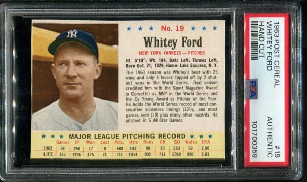 Authentic 1963 Post Cereal Hand Cut #19 Whitey Ford PSA Authentic Vintage Baseball Card