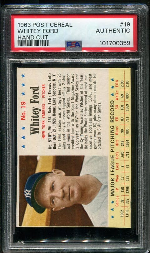 Authentic 1963 Post Cereal Hand Cut #19 Whitey Ford PSA Authentic Vintage Baseball Card