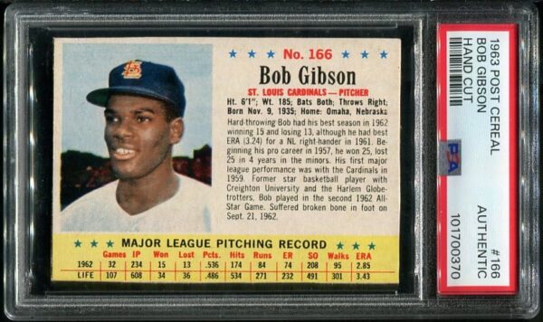 Authentic 1963 Post Cereal Hand Cut #166 Bob Gibson PSA Authentic Vintage Baseball Card