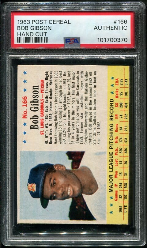 Authentic 1963 Post Cereal Hand Cut #166 Bob Gibson PSA Authentic Vintage Baseball Card