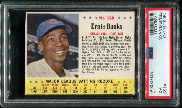Authentic 1963 JELL-O #169 Ernie Banks Hand Cut PSA 3 Vintage Baseball Card
