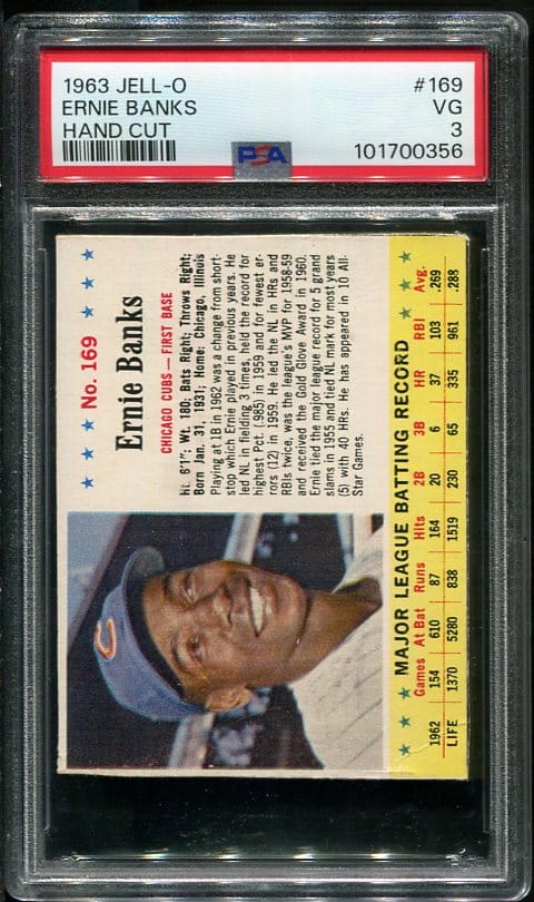 Authentic 1963 JELL-O #169 Ernie Banks Hand Cut PSA 3 Vintage Baseball Card