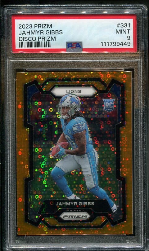 Authentic 2023 Prizm #331 Jahmyr Gibbs Disco Prizm PSA 9 Rookie Football Card