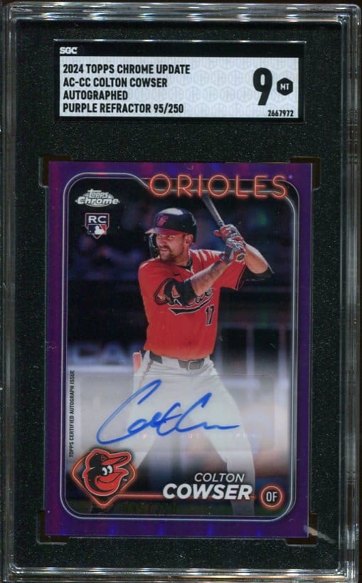 Colton Cowser's 2024 Topps Chrome Update #AC-CC Purple Refractor Autographed Rookie Baseball Card SGC 9