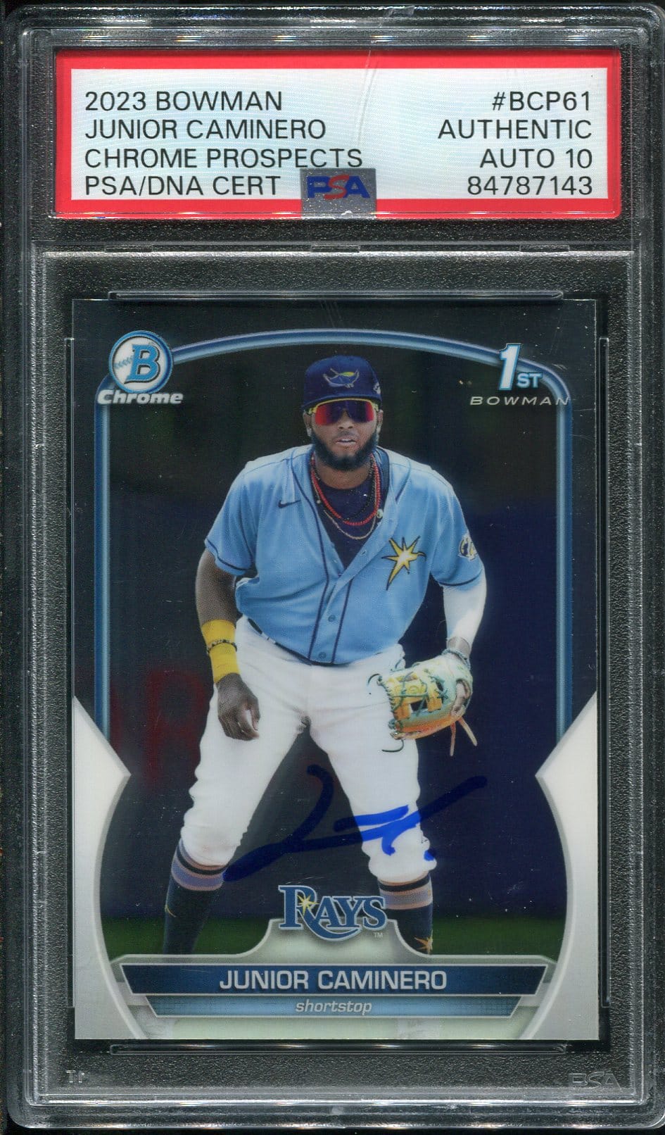 Authentic Autographed 2023 Bowman Chrome Prospects #BCP61 PSA/DNA Junior Caminero Rookie Baseball Card