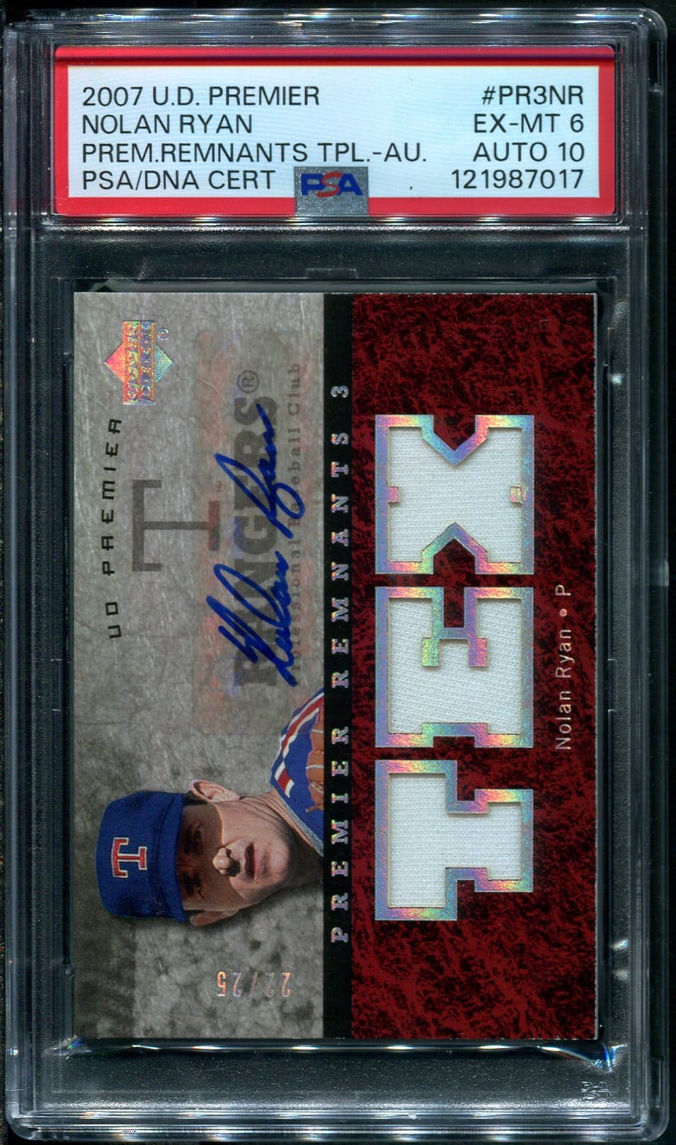 Autographed 2007 UD Premier #PR3NR Nolan Ryan Remnants Relic PSA/DNA Baseball Card