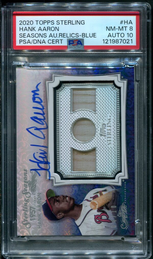 Autographed 2020 Topps Sterling Seasons Autograph Relics Blue #HA Hank Aaron PSA 8 PSA/DNA 10