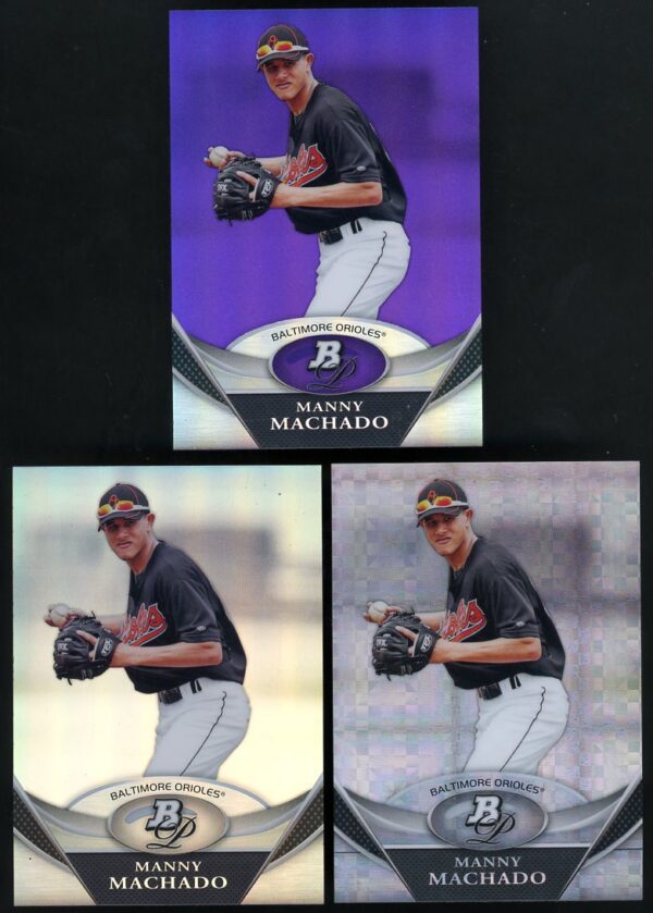 (Lot of 3) 2011 Bowman Platinum Base , X-Fractor, Purple #BPP83 Manny Machado Rookie Cards- NM Or Better!