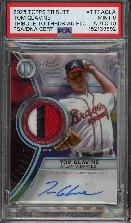 Tom Glavine's 2025 Topps Tribute #TTTAGLA Patch Autographed Relic with a MINT PSA 9- Recently Graded & New PSA Holder