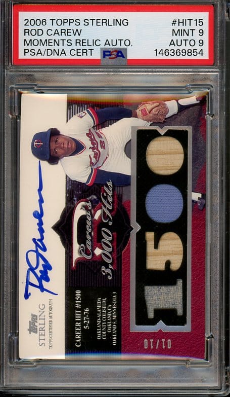 Rod Carew's 2006 Topps Sterling #HIT15 Moments Relic Autograph baseball card with a MINT PSA 9 Auto 9 grade