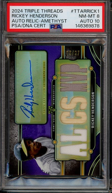 Hall of Famer Rickey Henderson's 2024 Triple Threads Auto Relic #TTARRICK1 Amethyst baseball card NM-MT PSA 8 grade Auto 10