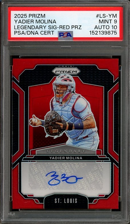 Yadier Molina's 2025 Legendary Signature Red Prizm #LS-YM Baseball Card - MINT PSA 9 card grade Auto 10