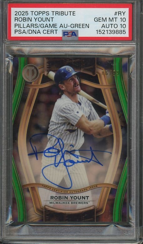 Hall of Famer Robin Yount's 2025 Topps Tribute Robin Yount Pillars/Game Auto - Green Baseball Card - GEM MINT PSA 10