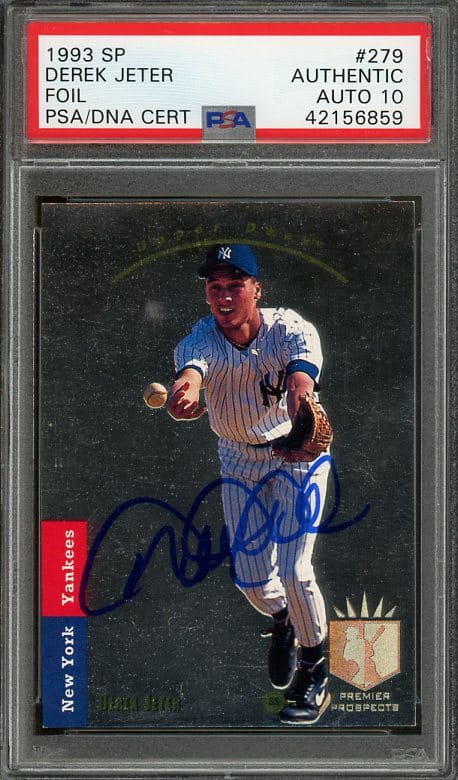 Hall of Famer Derek Jeter's 1993 SP #279 Foil autographed rookie baseball card with a PSA/DNA 10 auto grade!