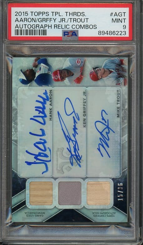 2015 Topps Triple Threads #AGT Hank Aaron, Ken Griffey, Jr. & Mike Trout Autographed Triple Relic/Auto Combo PSA 9