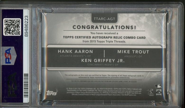 2015 Topps Triple Threads #AGT Hank Aaron, Ken Griffey, Jr. & Mike Trout Autographed Triple Relic/Auto Combo PSA 9