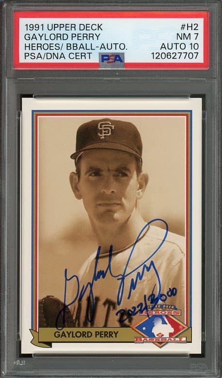Hall of Famer Gaylord Perry's Upper Deck Gaylord Perry Autographed #H2 Baseball Card with a NM PSA 7 grade